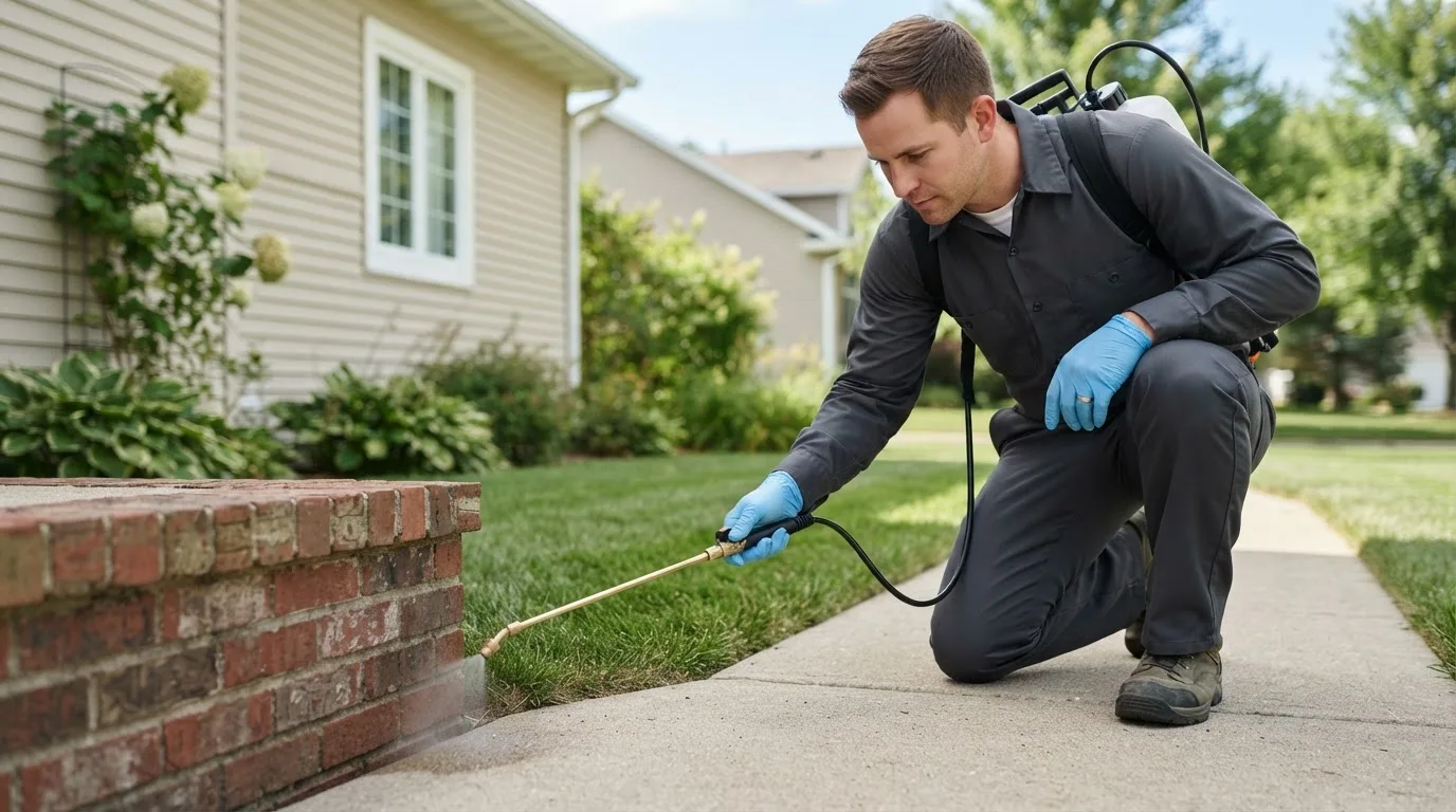 Pest control technician treating a home near Hastings, MI