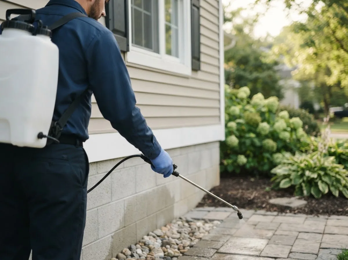 Pest control technician inspecting a home in Hastings, MI